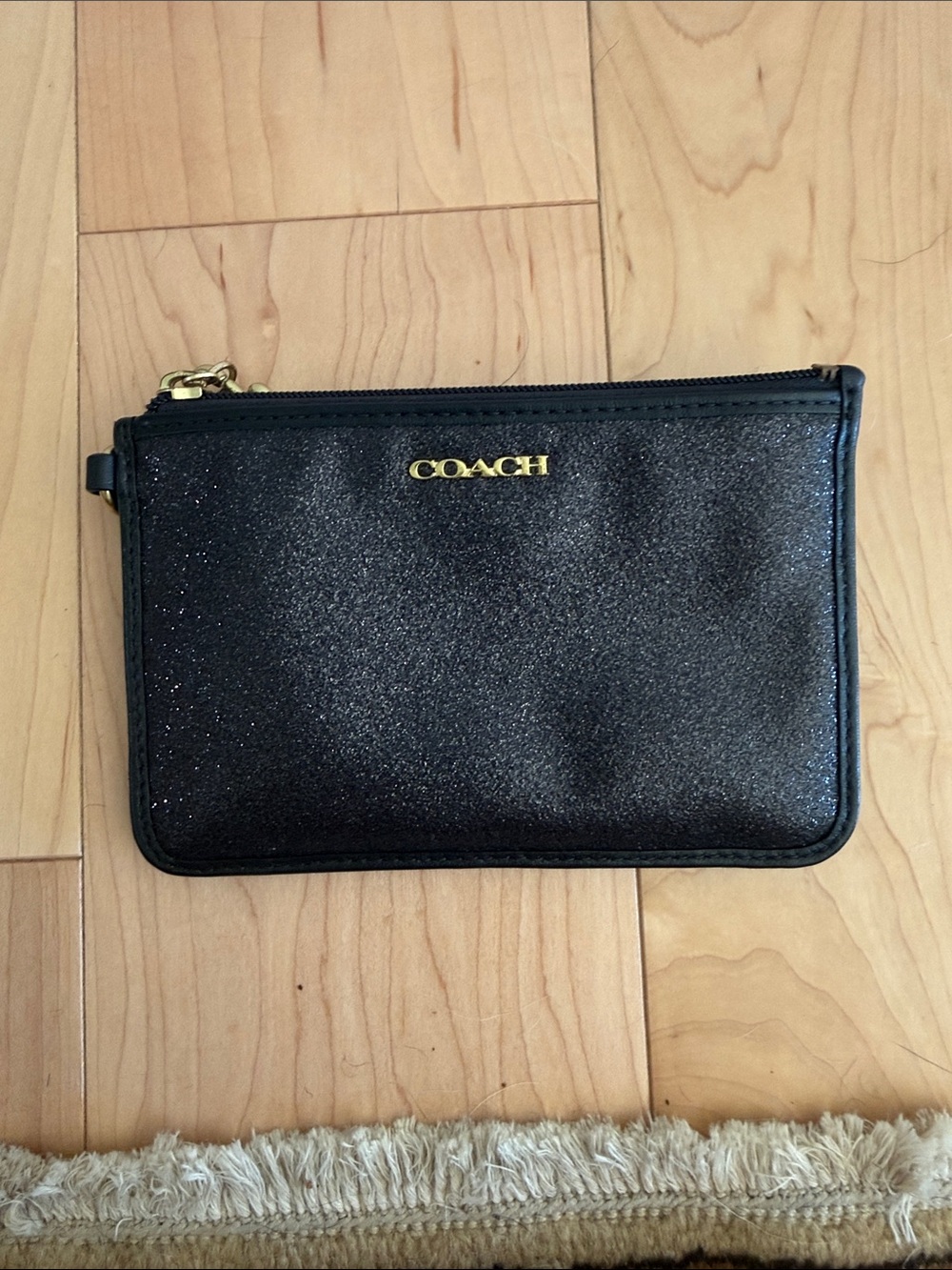 Coach Small Black Glitter Wristlet Pouch with Gold Logo